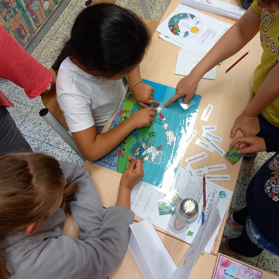 Élèves reconstituant le cycle de l’eau pendant une animation dans une  école primaire.
