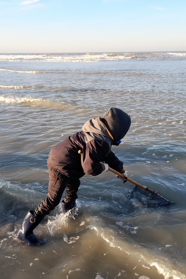 Enfant s’initiant à la pêche côtière en classe de mer.