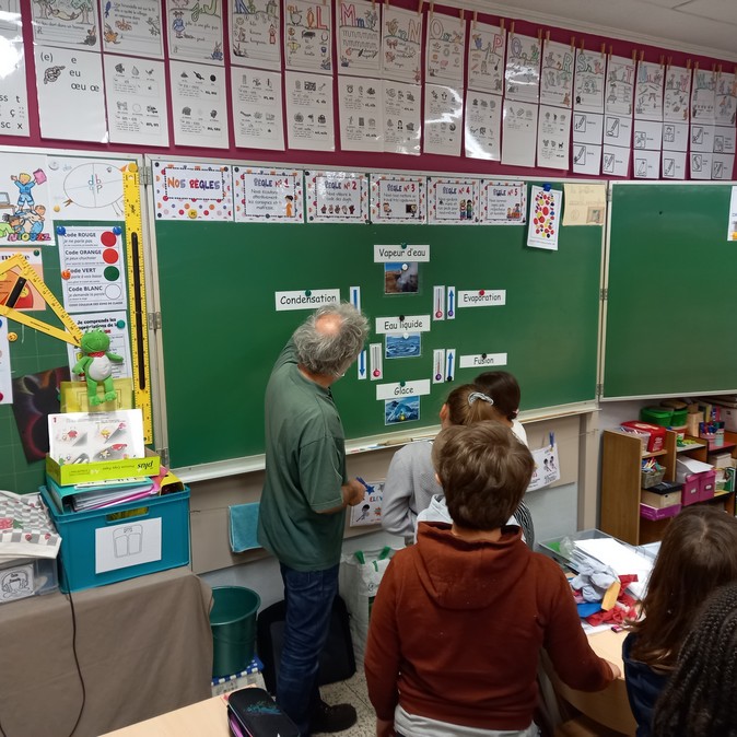 Élèves reconstituant le cycle de l’eau pendant une animation dans une  école primaire.